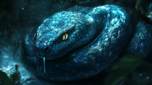 Mystical blue serpent resting in moonlit jungle shadows.