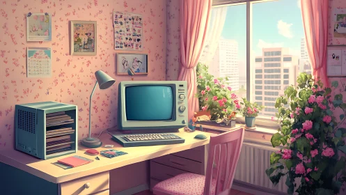 Pastel retro PC desk in bright floral city bedroom.