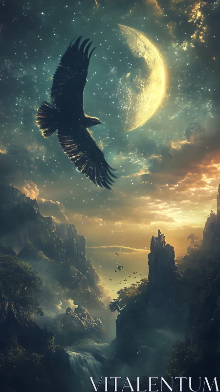 Midnight raven glides beneath a crescent-gold dreaming moon.