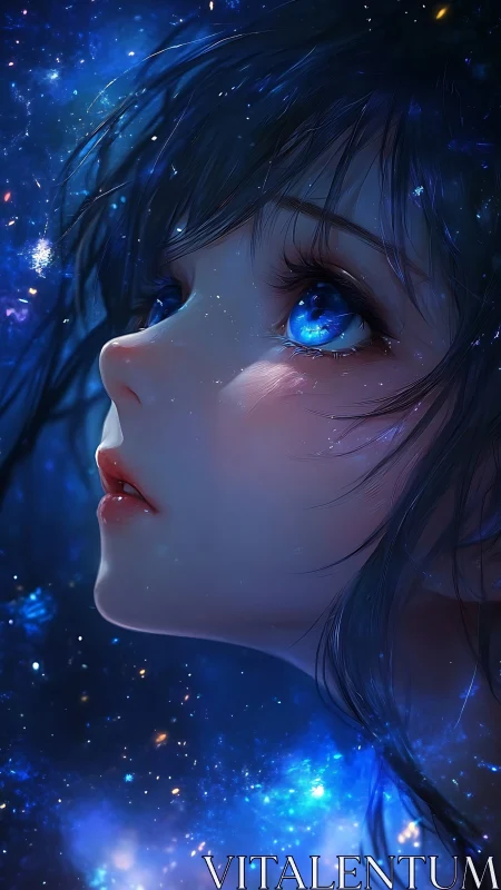 Starlit girl gazes upward with galaxies glowing in her eyes