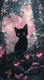 Enchanting black kitten watches glowing forest butterflies