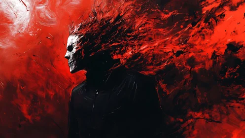 Flaming skull-headed figure emerging from swirling red void.