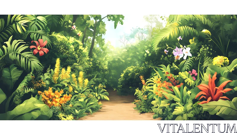 Dense tropical garden borders sunlit path through foliage