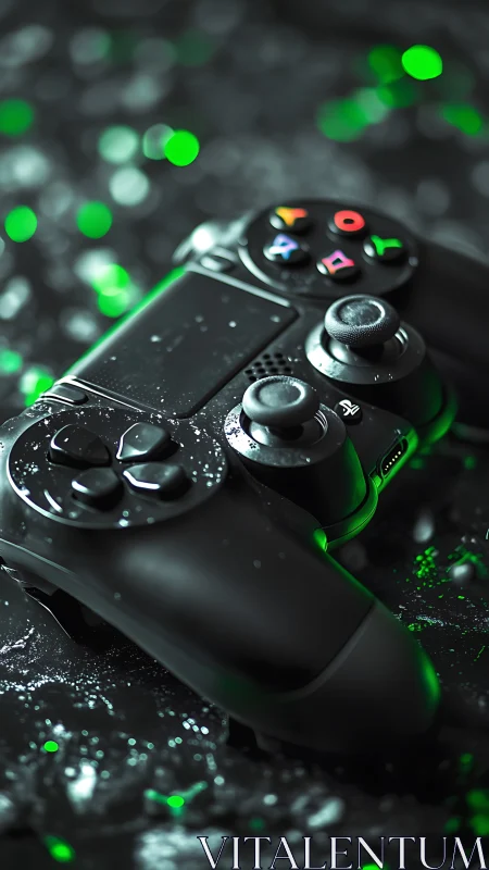 Xbox Game Controller with Neon Green Bokeh Lighting and Water Droplet Effects