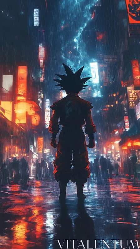 Neon-soaked warrior silhouette in futuristic rain cityscape.