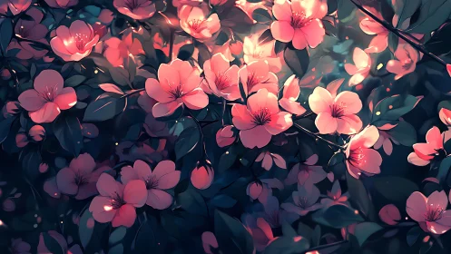 Pink and coral flowers with dark foliage rendered in digital illustration.