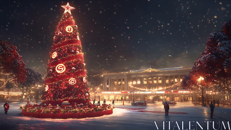 Nighttime urban plaza dominated by illuminated Christmas tree installation
