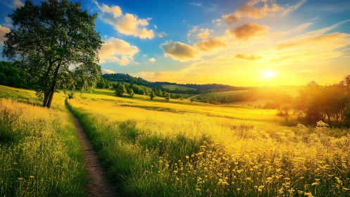 Sunlit rural meadow with receding dirt path under golden hour sky