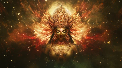 Golden fire goddess emerges from cosmic embers