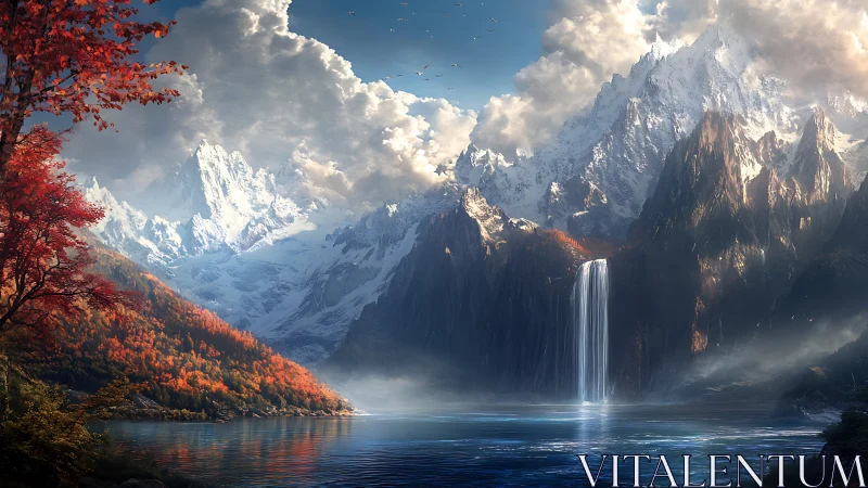 Majestic alpine lake with cascading waterfall and autumn ridge.