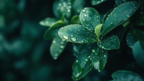 Macro study of rain-soaked green leaves with shallow depth of field