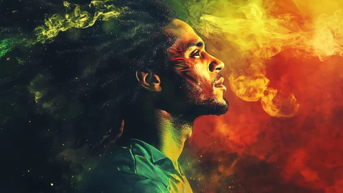 Side profile portrait in red, yellow and green smoke field.