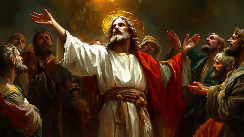 Dramatic ascension tableau with radial lighting and halo emphasis