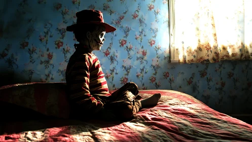 Side-lit dummy figure sits on patterned bed in floral room