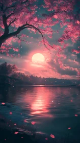 Cherry blossom moonrise over tranquil reflective lake.