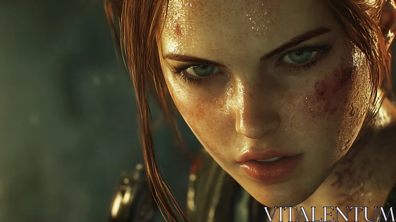 Close-up render of wet, freckled female game character face.