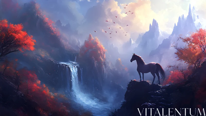 Solitary horse overlooks misty waterfall in crimson valley