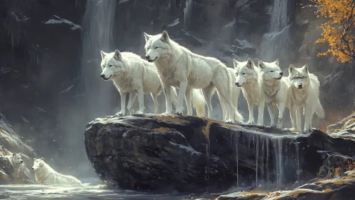 Digital painting of white wolves on basalt ledge in misted gorge.