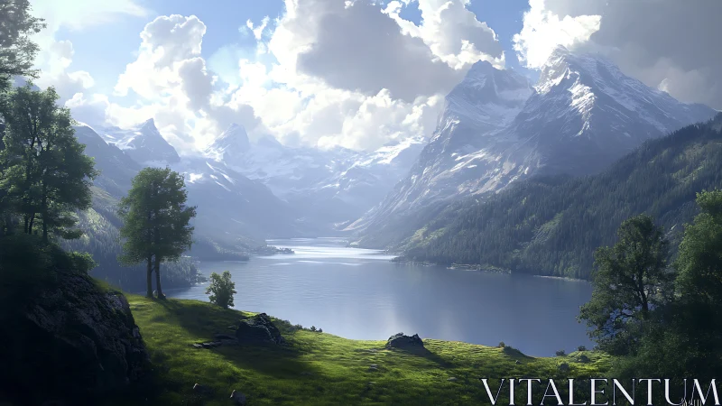 Digital painting of alpine lake valley with atmospheric depth.
