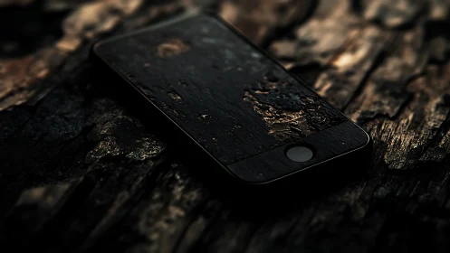 Smartphone lying on weathered wooden surface in low light.