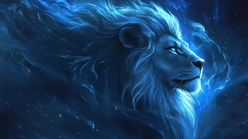 Lion profile rendered in blue luminous digital illustration