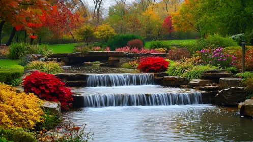 Terraced garden cascade with saturated autumnal chromatic foliage.