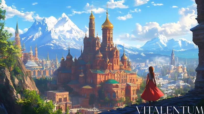 Mountain cityscape with ornate domed palace and observer.