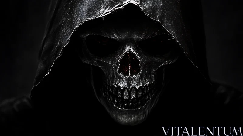 Grim reaper skull in dark hood with dramatic lighting.