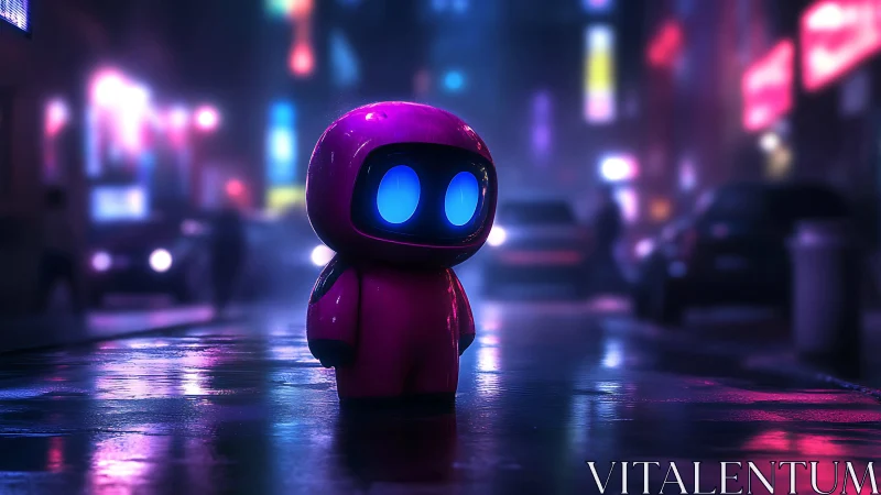 Small neon robot stands alone in wet cyberpunk street.