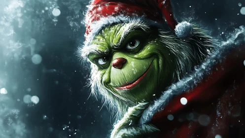 Stylized green Christmas character rendered in dramatic close-up