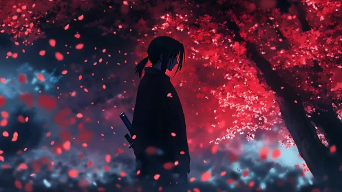Silent swordsman beneath a storm of crimson petals.