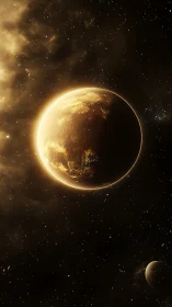 Golden illuminated planet against dense star field in space.