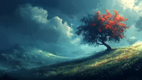 Digital painting of lone crimson tree on luminous hillside.