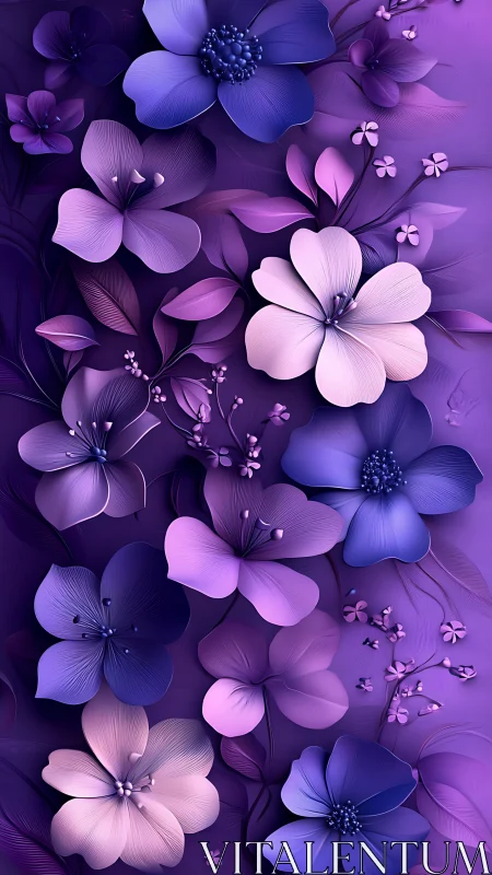 Purple and pink digital flowers in layered 3D composition.