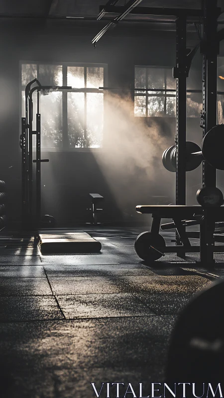 Directional light rays cutting through dust in empty weight room