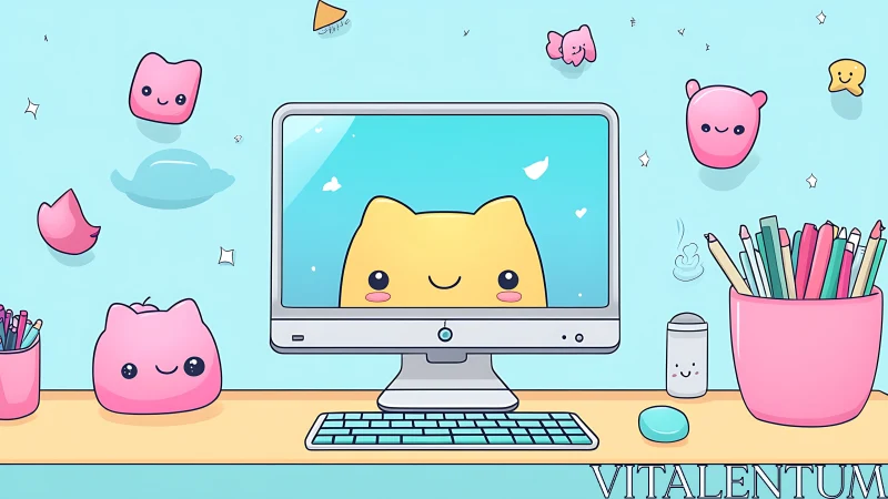 Kawaii desktop workspace with smiling cat character on screen.