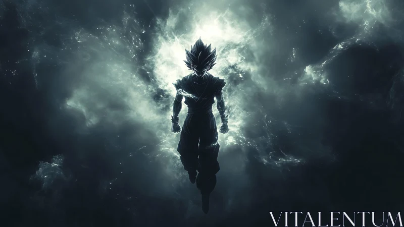 Backlit anime warrior silhouette within stormlit energy field.