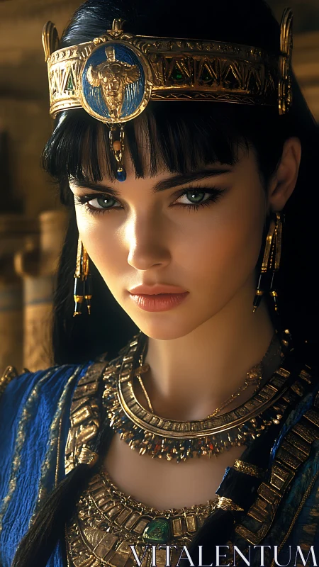 Emerald-eyed desert queen wrapped in burnished gold dusk.