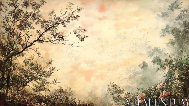 Soft dawn garden framed by misty trees and flowers.