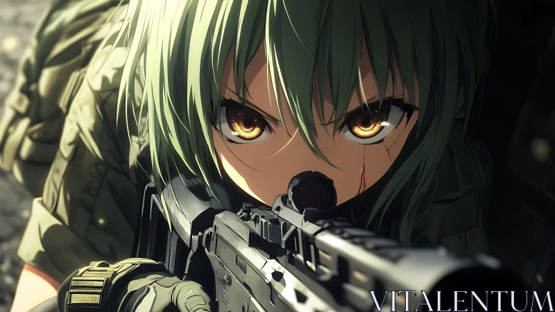 Green haired anime sniper aiming rifle with fierce stare.