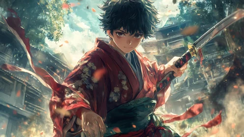 Young samurai in swirling autumn light and quiet resolve.