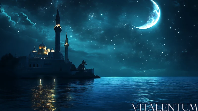 Coastal mosque silhouette under crescent moon and stars at night.