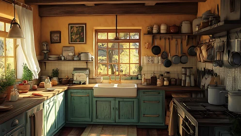 Sunlit rustic kitchen with teal cabinetry and window view.