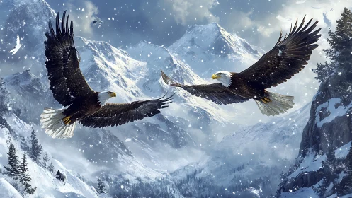Majestic bald eagles soaring over snowy mountain landscape, realistic art.