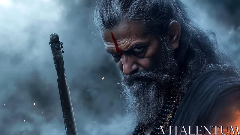 Warrior sage glares through smoke with intense resolve.