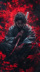 Bloodlit samurai in crimson foliage vortex, brooding silently.