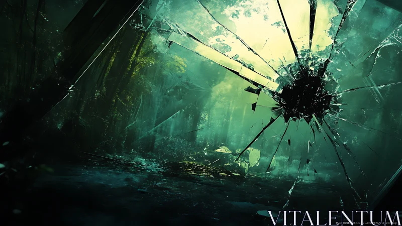 Shattered glass framing dense, misty forest scenery.