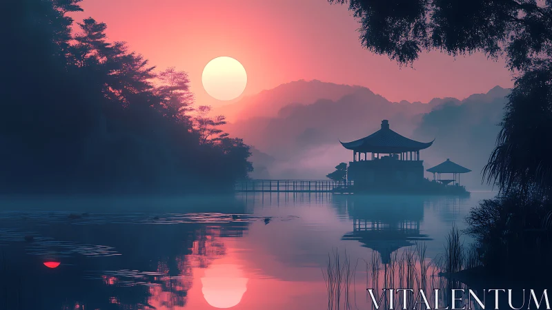 Sunset illuminates lakeside pavilion with mirrored reflection