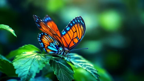 Neon-winged forest butterfly pausing on emerald leaves.