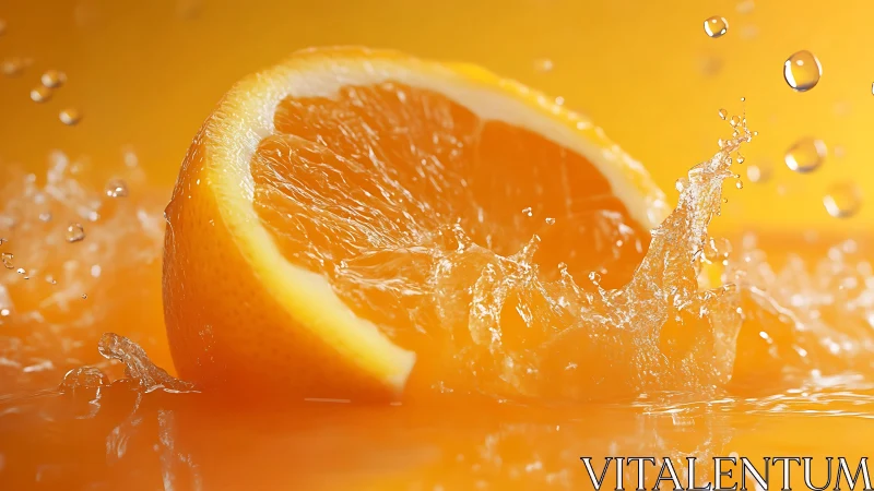 Orange slice splashing into liquid with high-speed droplets.